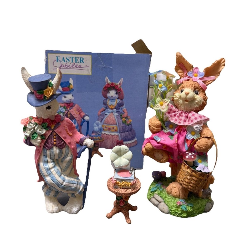 Vintage Easter Jubilee Bunny Figurine Lot Rabbit Decor Gramophone Box Mixed Set